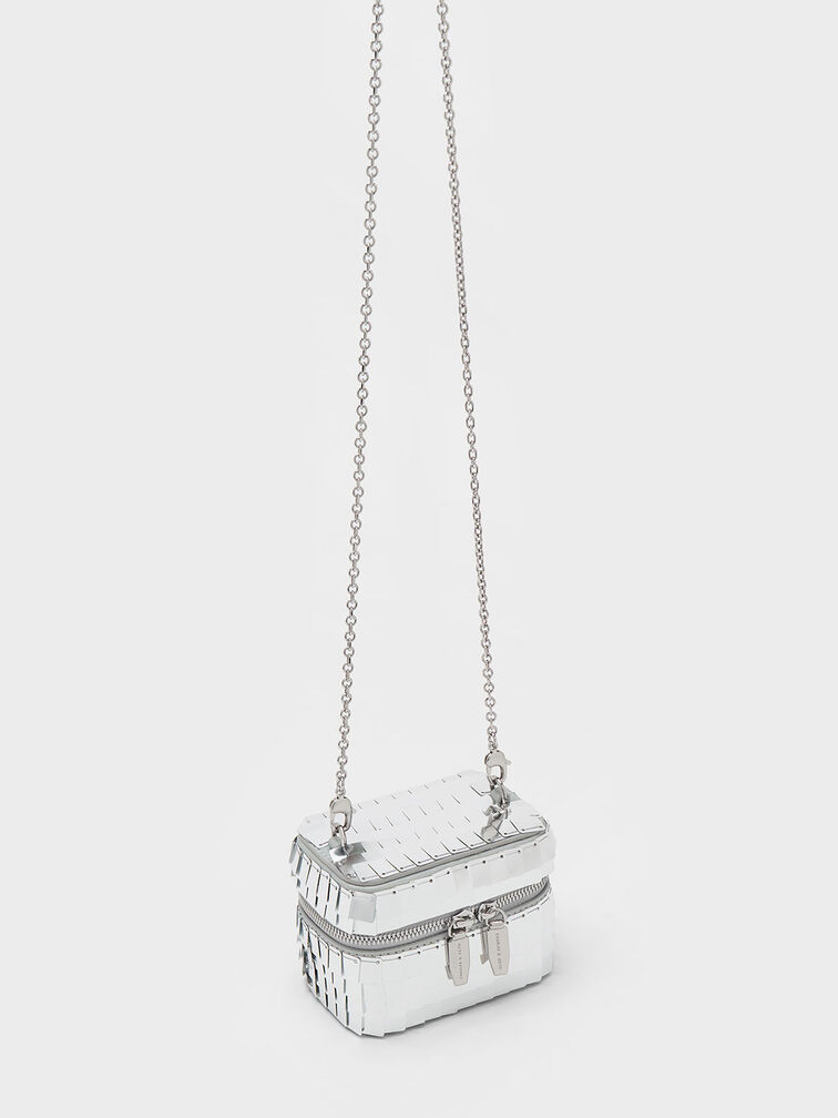 Disc-Embellished Vanity Pouch, Silver, hi-res