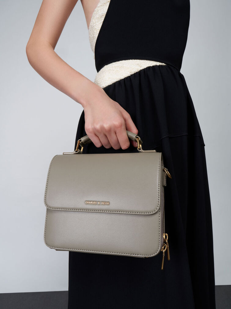 Front Flap Top Handle Crossbody Bag, Taupe, hi-res