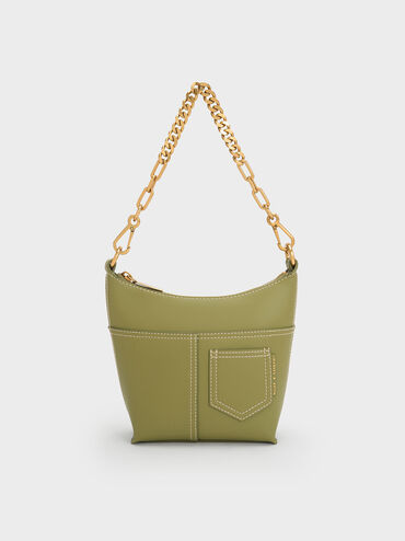 Anthea Contrast-Trim Shoulder Bag, Olive, hi-res