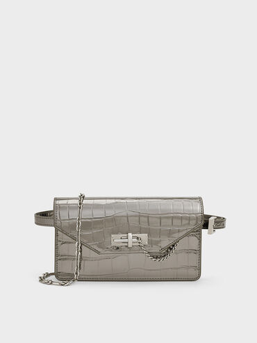 Samantha Metallic Croc-Effect Chain-Embellished Crossbody Bag, Pewter, hi-res