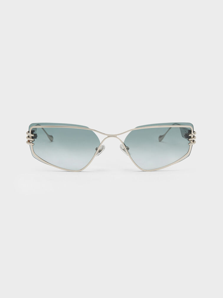 Metallic-Rimmed Geometric Sunglasses, Black, hi-res