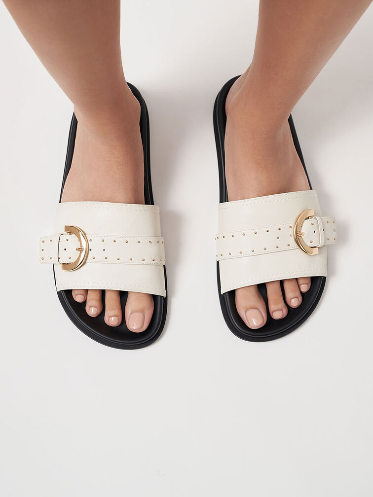 Studded Buckle Slide Sandals, Chalk, hi-res