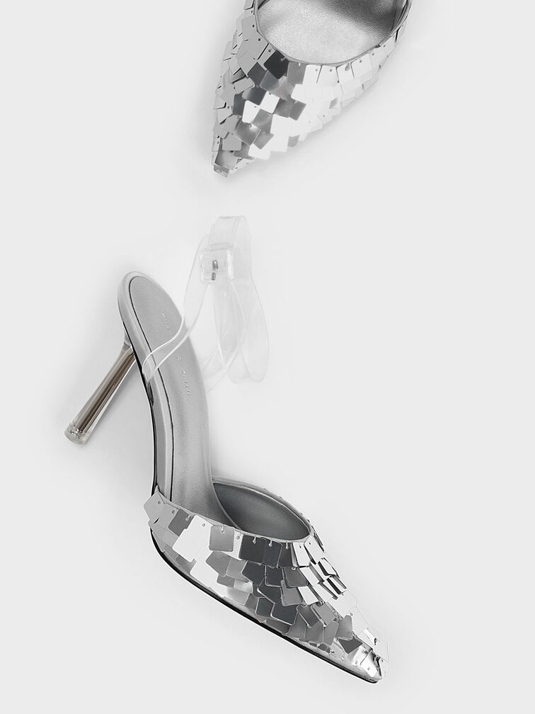 Sequinned Satin Ankle-Strap Pumps, Silver, hi-res