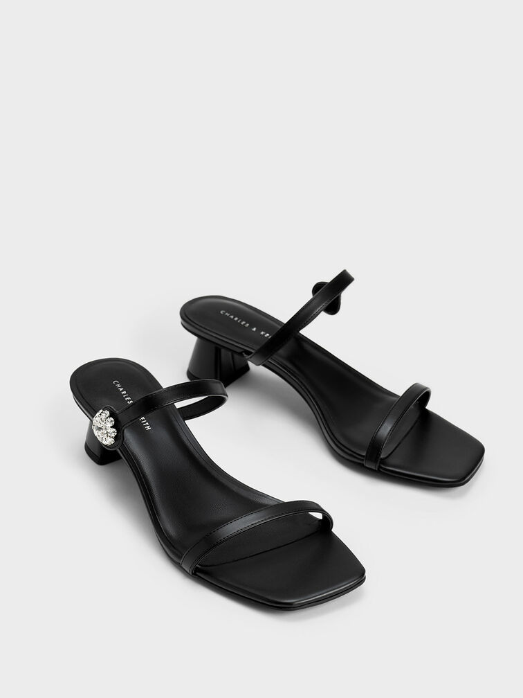 Gem Embellished Trapeze Heel Mules, Black, hi-res