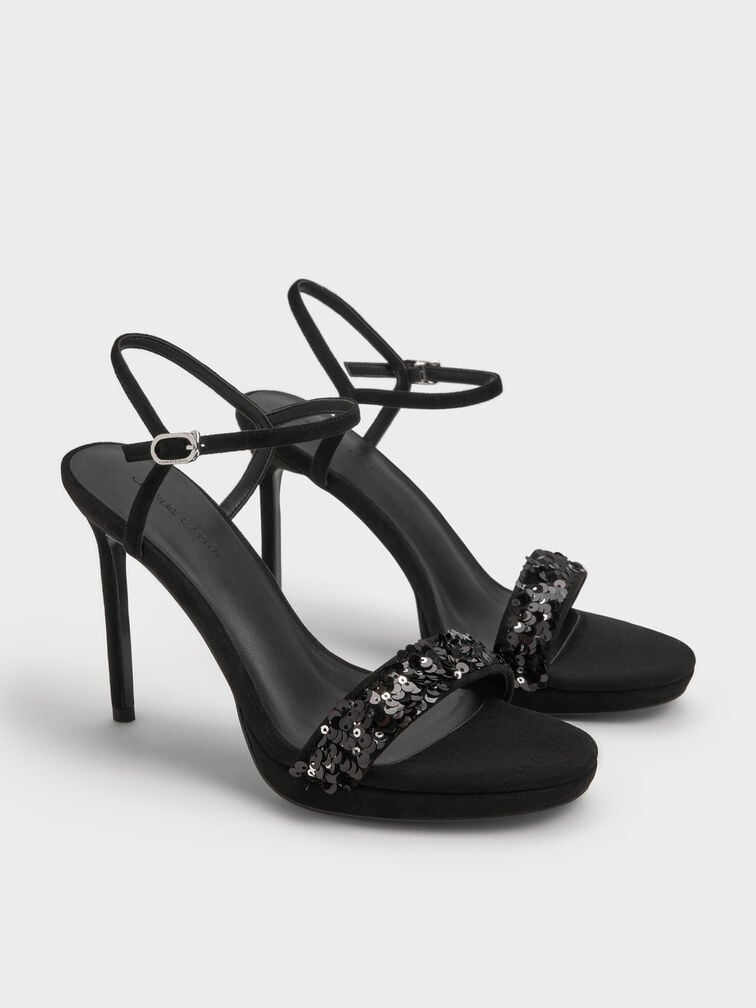 Sequinned Ankle-Strap Stiletto Sandals, Black Textured, hi-res