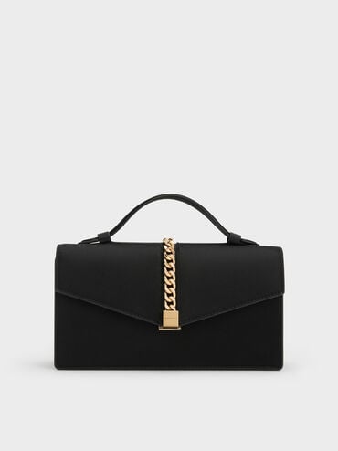 Taisia Satin Chain-Strap Envelope Bag, Black, hi-res