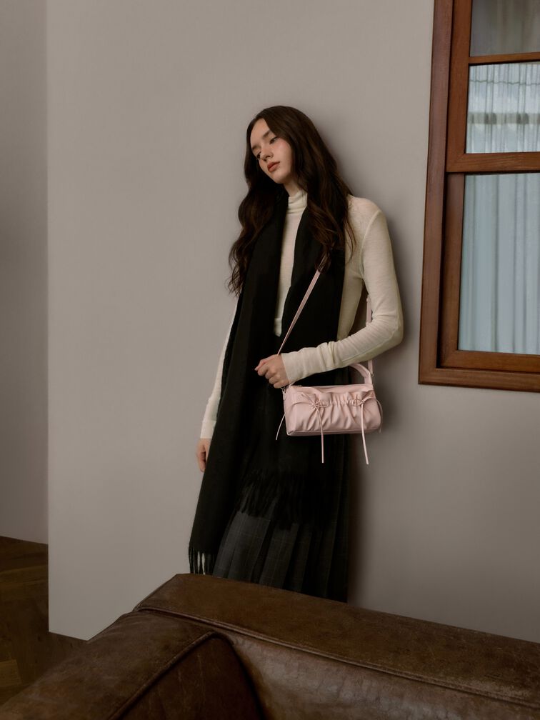 Reese Ruched Bow Top Handle Bag, Soft Pink, hi-res