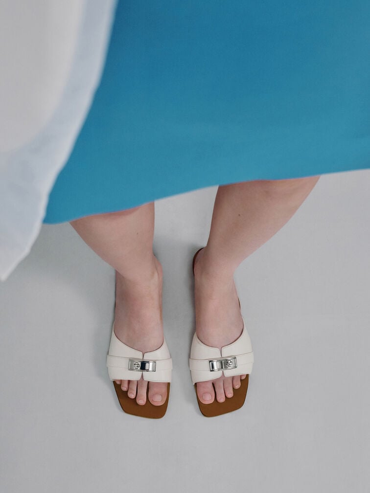 Lando Metallic-Accent Belted Slide Sandals, Chalk, hi-res