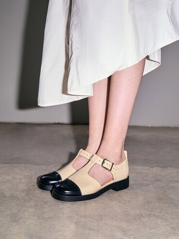 Charly Two-Tone T-Bar Buckled Sandals, Beige, hi-res