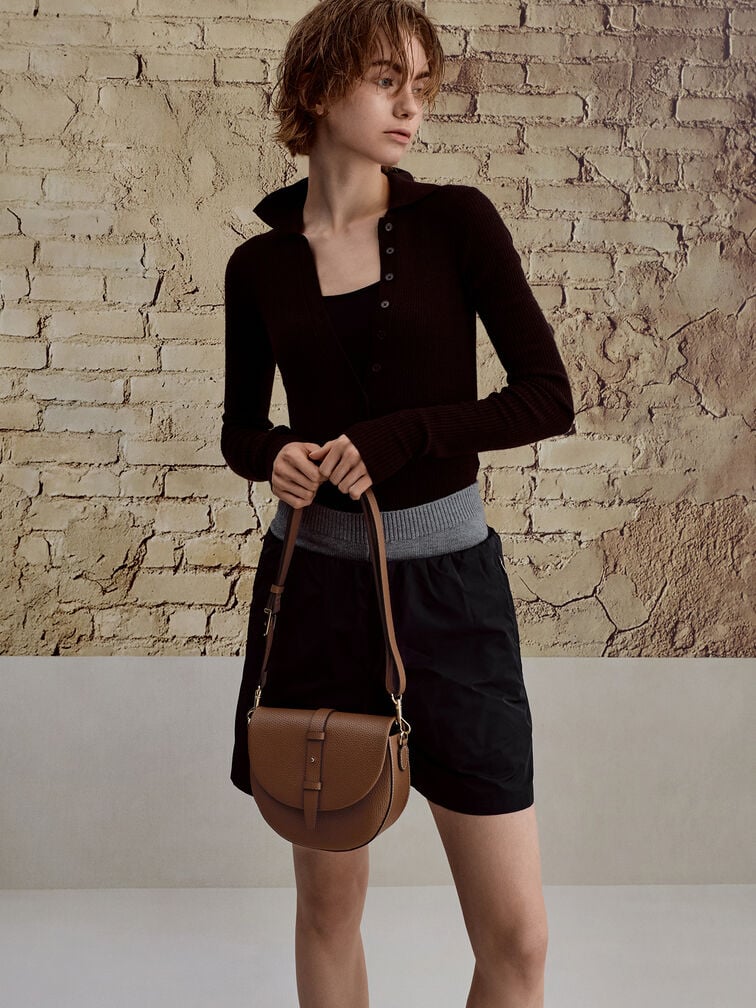 Beryl Belted Saddle Bag, Chocolate, hi-res