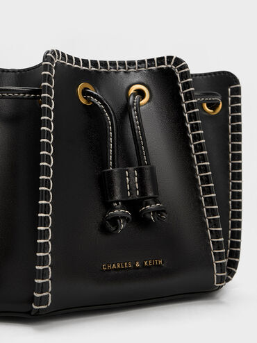 Circe Stitch-Trim Bucket Bag, Black, hi-res