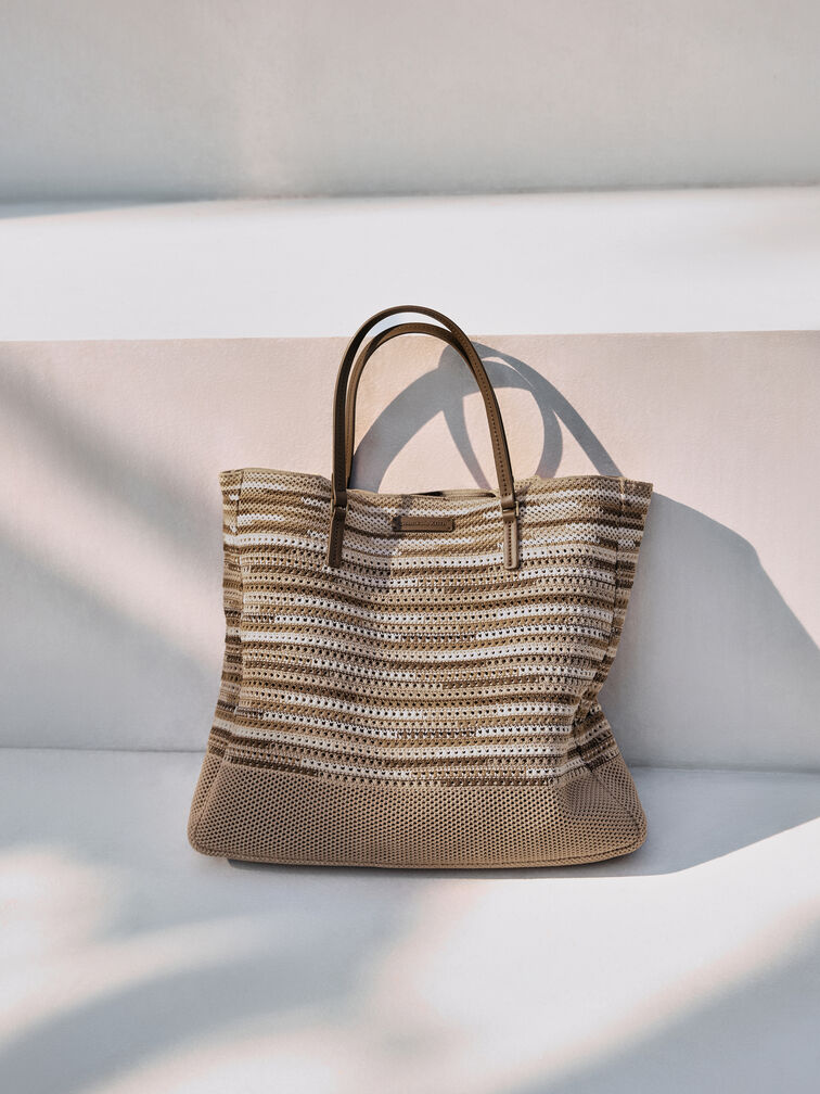 XL Ida Multi-Stripe Knitted Tote Bag, Multi Brown, hi-res