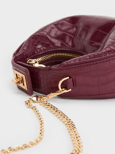 Mini Croc-Effect Moon Bag, Burgundy, hi-res
