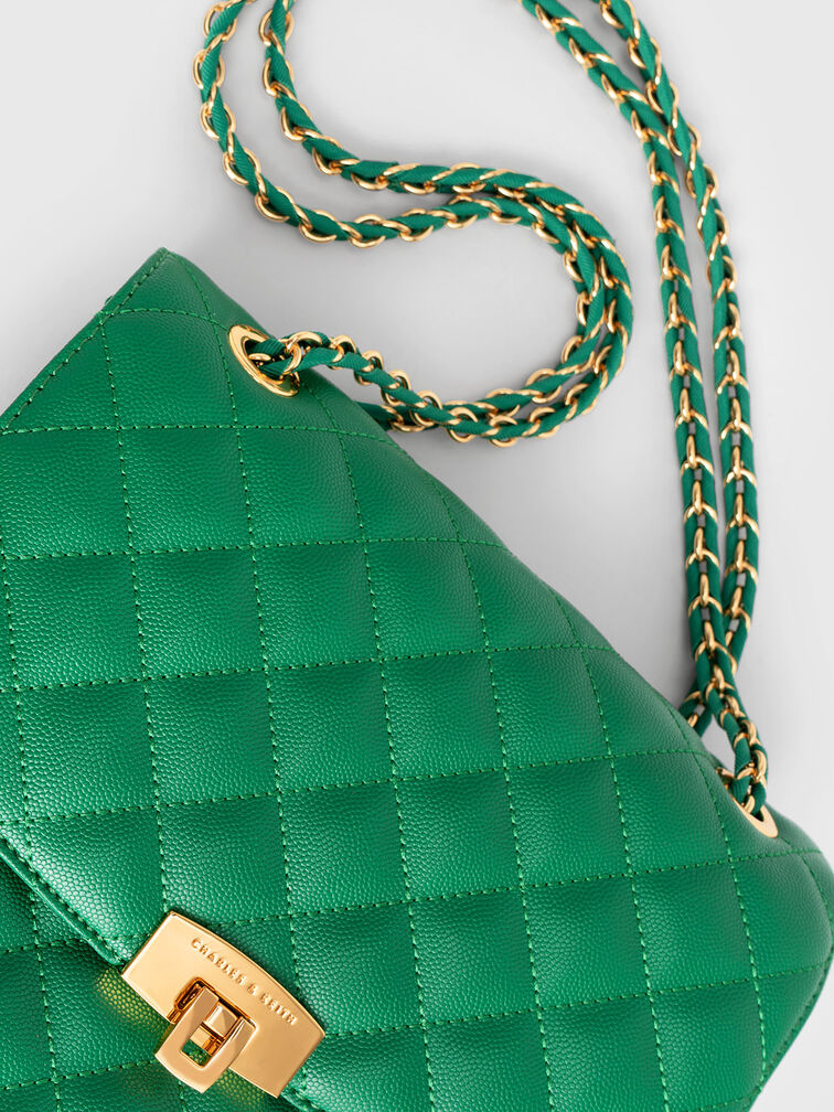 Quilted Chain Strap Clutch, Green, hi-res