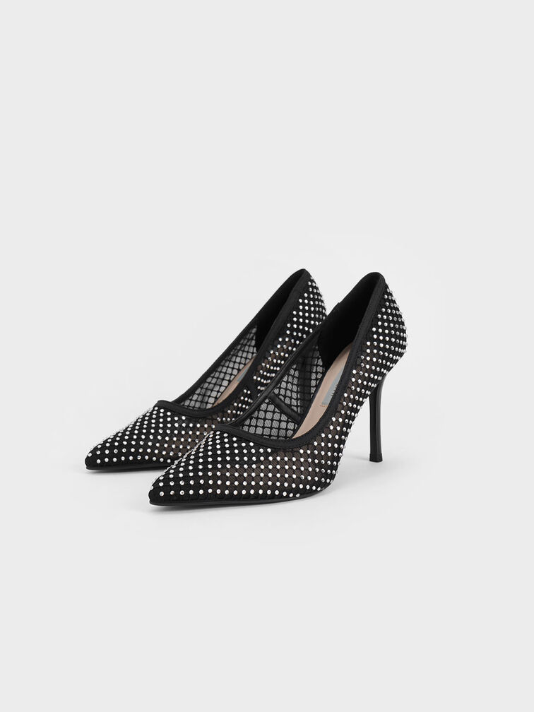 Gem-Encrusted Mesh Heeled Pumps, Black Textured, hi-res