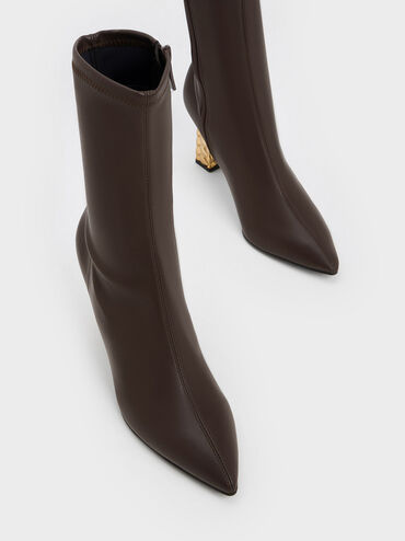 Pointed-Toe Quilted Heel Ankle Boots, Dark Brown, hi-res