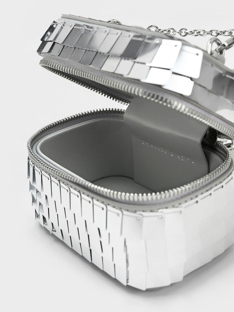 Disc-Embellished Vanity Pouch, Silver, hi-res