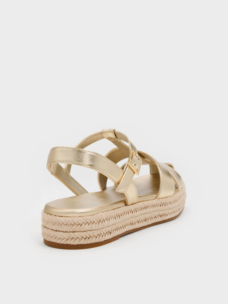 Metallic Caged Flatform Espadrille Sandals, Light Gold, hi-res
