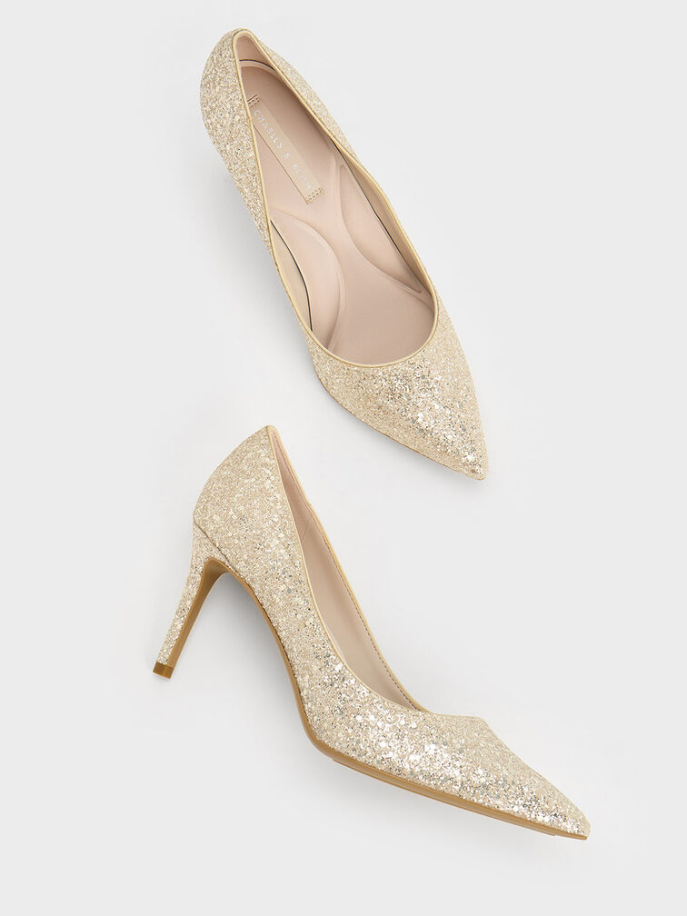 Emmy Glittered Pointed-Toe Pumps, Gold, hi-res