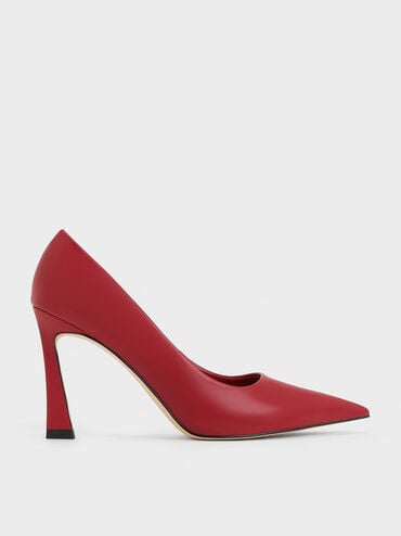 Pointed-Toe Trapeze-Heel Pumps, Red, hi-res
