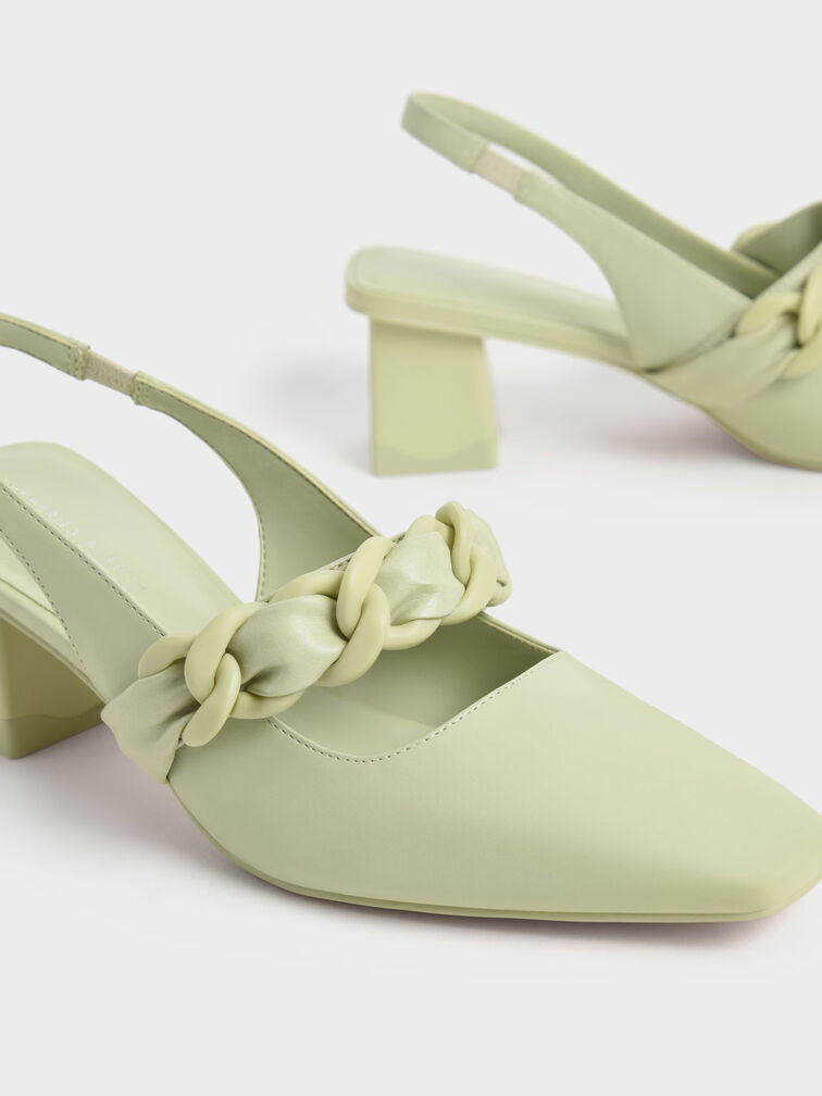 Braided Chain-Link Slingback Pumps, Sage Green, hi-res