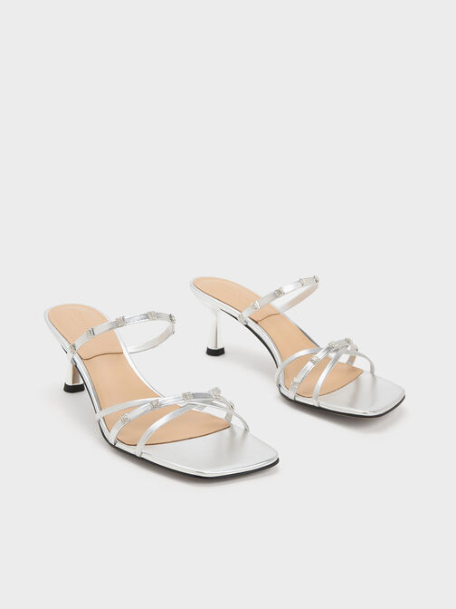 Square Crystal-Embellished Metallic Leather Heeled Mules, Silver, hi-res