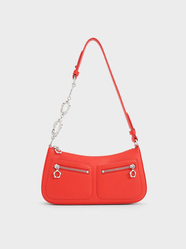 Flower-Embellished Shoulder Bag, Red, hi-res