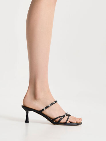 Square Crystal-Embellished Leather Heeled Mules, Black, hi-res