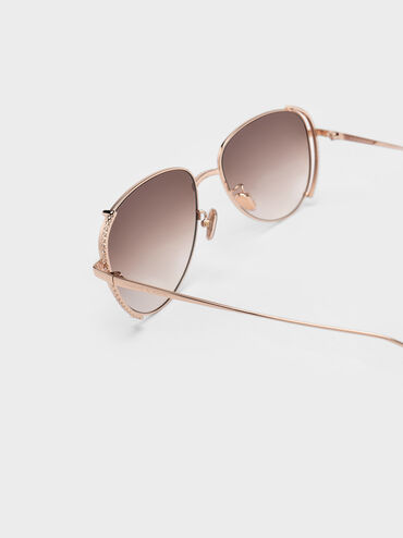 Gem-Embellished Wireframe Aviator Sunglasses, Rose Gold, hi-res
