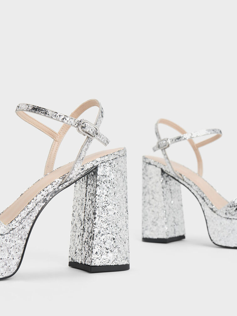 Glittered Ankle-Strap Platform Sandals, Silver, hi-res