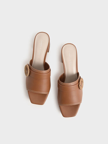 Woven Buckle Platform Mules, Caramel, hi-res