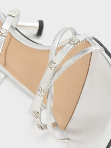 Square Crystal-Embellished Metallic Leather Heeled Mules, Silver, hi-res
