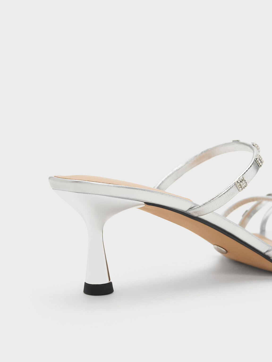 Square Crystal Embellished Metallic Leather Heeled Mules Silver