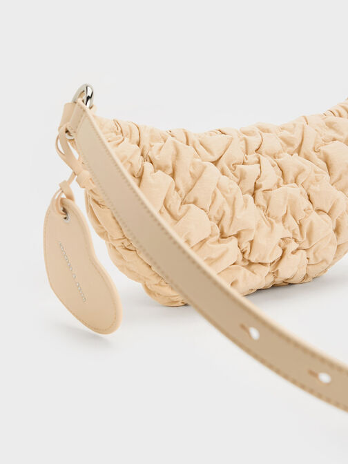 Ruched Nylon Bum Bag, Beige, hi-res