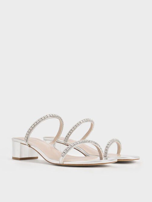 Ambrosia Metallic Gem-Embellished Mules, Silver, hi-res