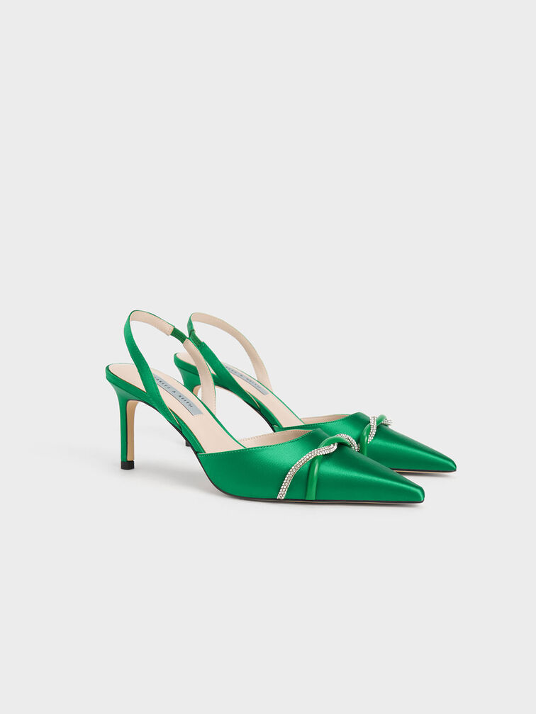 Twist Detail Satin Slingback Pumps, Green, hi-res