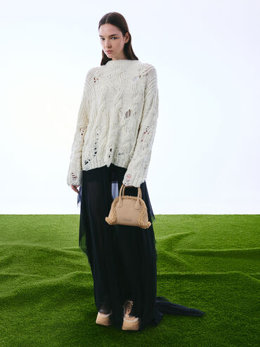 Nelly Recycled Suede & Faux Shearling Bowling Bag, Nutmeg Beige, hi-res