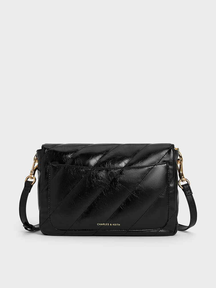 Fawn Panelled Front Flap Chain-Handle Bag, Black, hi-res