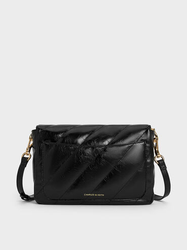 Fawn Panelled Front Flap Chain-Handle Bag, Black, hi-res