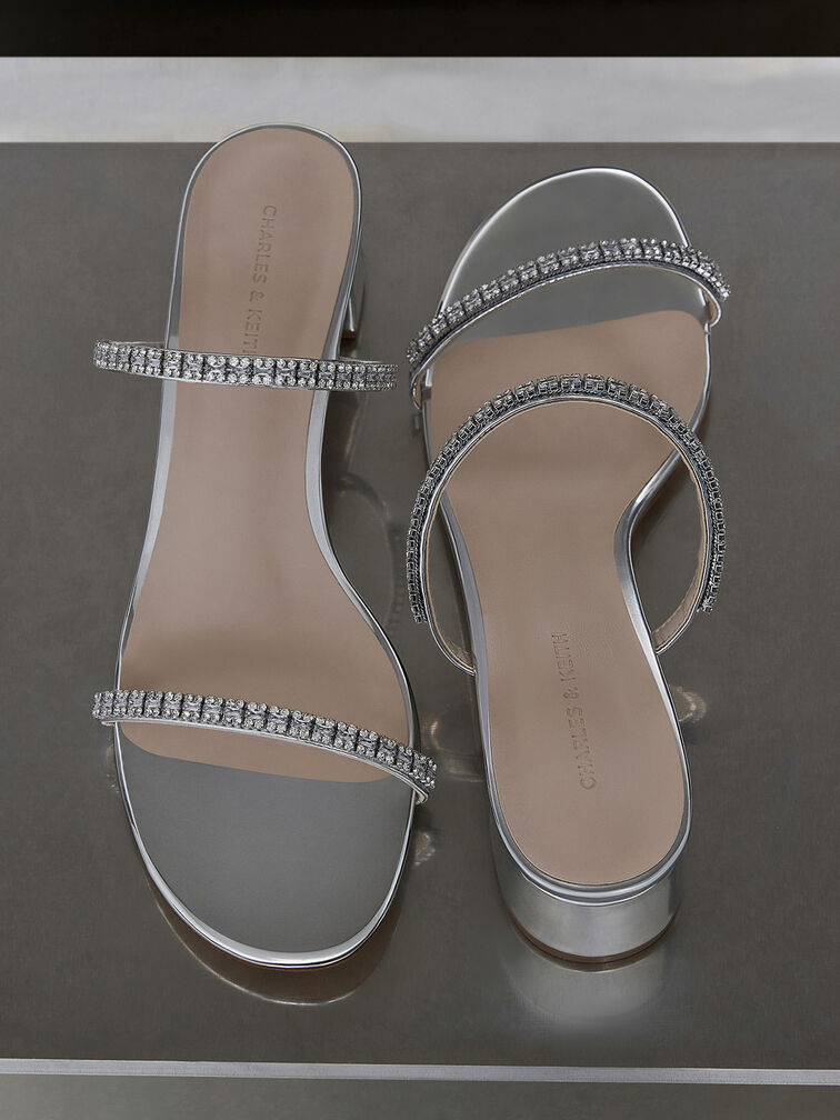 Ambrosia Metallic Gem-Embellished Mules, Silver, hi-res