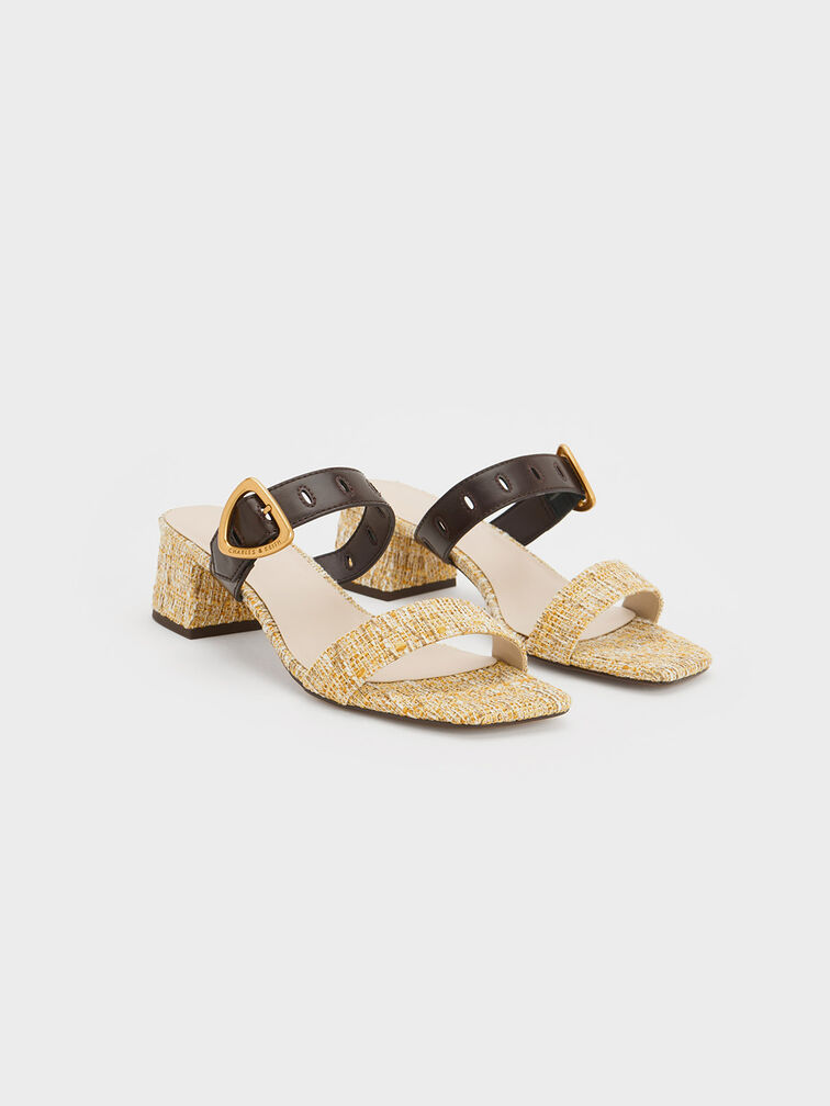 Sepphe Tweed Metallic Buckle Heeled Mules, Yellow, hi-res