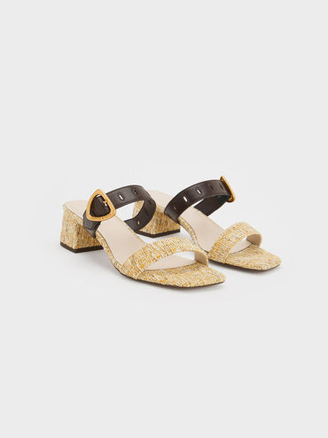 Sepphe Tweed Metallic Buckle Heeled Mules, Yellow, hi-res