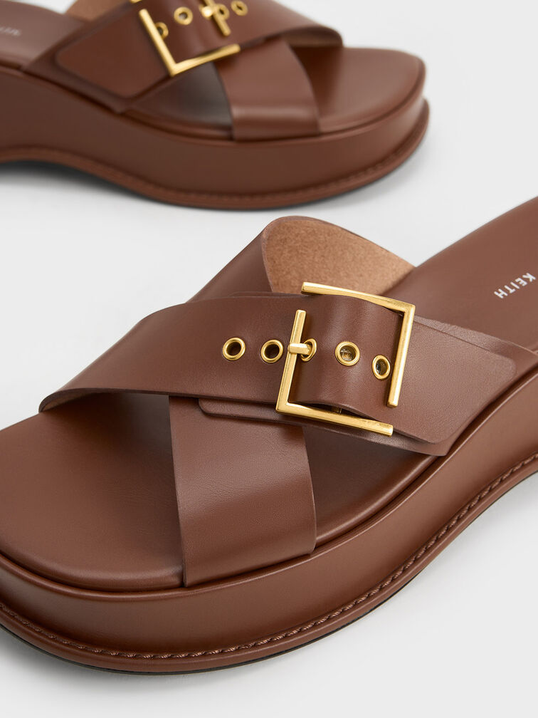 Buckled Crossover Curved Platform Sandals, Cognac, hi-res