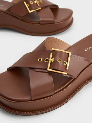 Buckled Crossover Platform Sandals, Cognac, hi-res