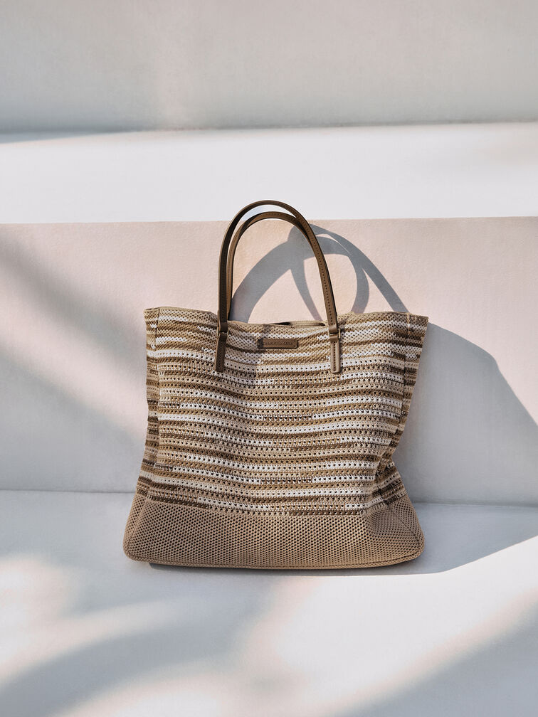 XL Ida Multi-Stripe Knitted Tote Bag, Multi Brown, hi-res