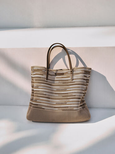 XL Ida Multi-Stripe Knitted Tote Bag, Multi Brown, hi-res