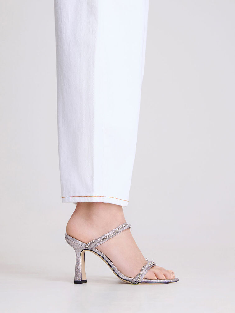 Embellished Twisted Strap Glittered Sandals, Silver, hi-res