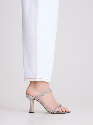 Embellished Twisted Strap Glittered Sandals, Silver, hi-res