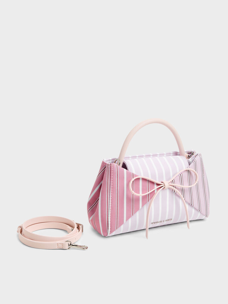 Hazel Striped Bow Panelled Top Handle Bag, Light Pink, hi-res