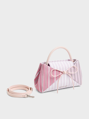 Hazel Striped Bow Panelled Top Handle Bag, Light Pink, hi-res